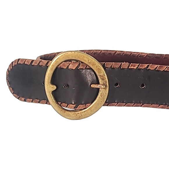 HTC Hollywood Trading Co Twisted Edge Stitch Leather Belt Brass Motorcycle -32 - Picture 3 of 11